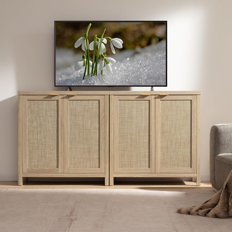 Ensemble d'armoire buffet en rotin 3 pièces, crédence Boho, chêne clair
