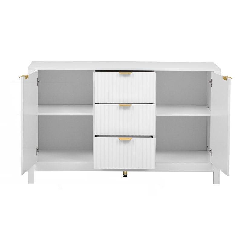 Console de rangement avec poignées en métal, buffet avec 3 tablettes réglables, 3 tiroirs et portes à fermeture en douceur, derrière le canapé