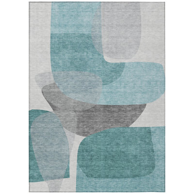 3' X 5' Teal Blue And Gray Abstract Washable Indoor Outdoor Area Rug