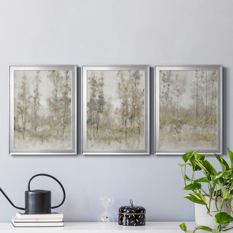 «Thicket Of Trees I», peinture sur toile 3 pièces, H 42,5 po x l 91,5 po x P 1 po, Cadre argenté, Pas de tapis