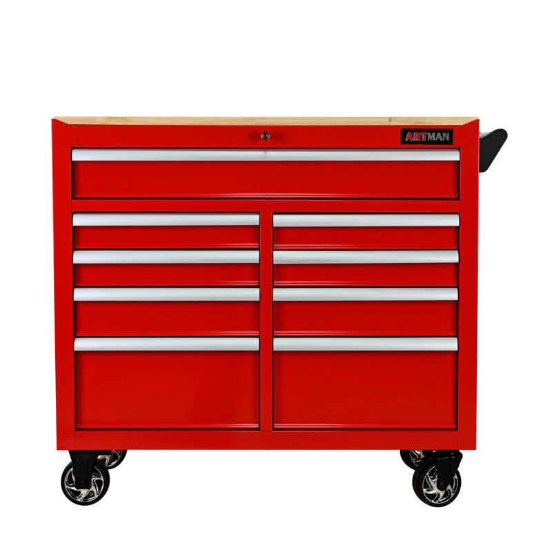 9 DRAWERS MULTIFUNCTIONAL TOOL CART WITH WHEELS AND WOODEN TOP, Red