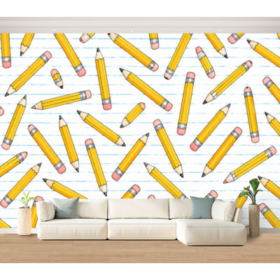 Wall Mural Peel and Stick Wallpaper Yellow Pencil Pink Erasers Lined Paper Playful School Stationery Self-Adhesive Removable Contact Paper Wall Decor for Living Room Bedroom 100"H x 144"W