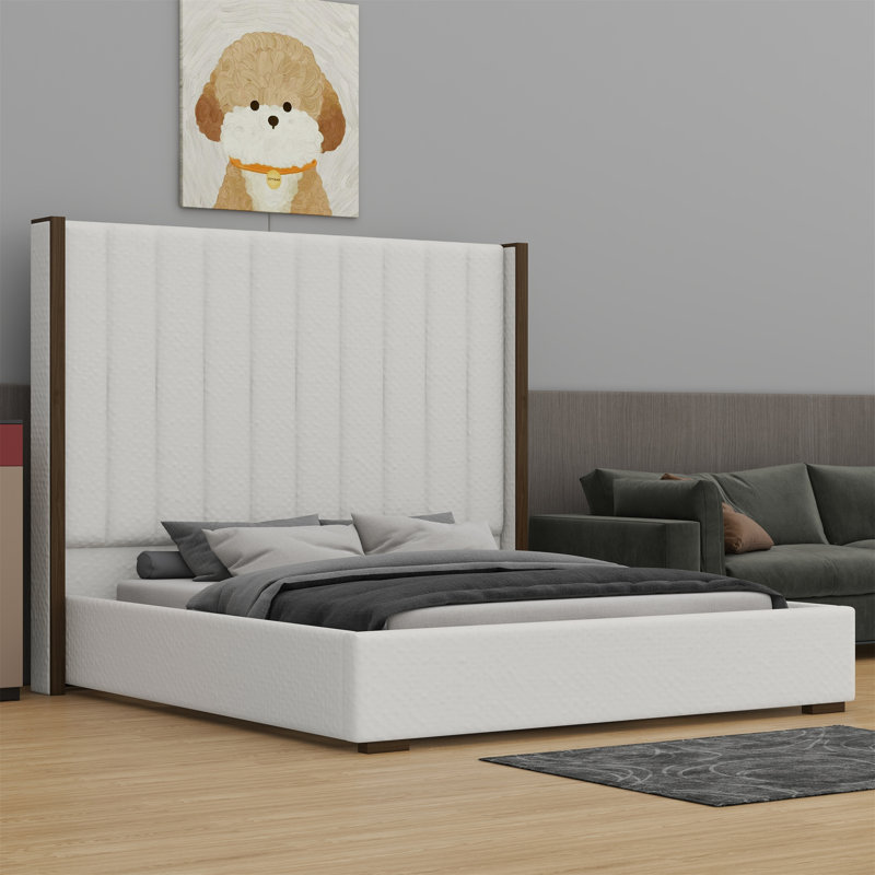 Tall Headboard Upholstered Bed With Vertical Striped And Wingback Design