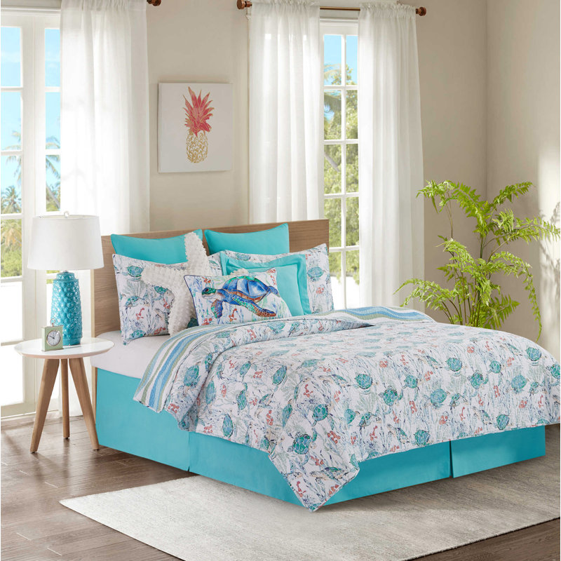 Sea Turtle Cove King Size Blue Cotton Reversible Quilt Set