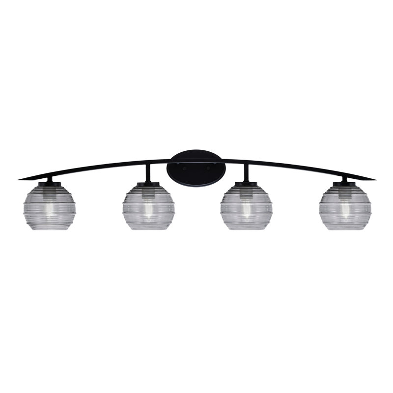 Barre d'éclairage de salle de bain 4 lumières avec verre fumé nervuré 6 po Kurve, Noir mat