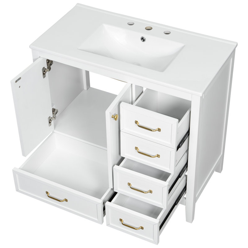 Meuble-lavabo 36 po avec lavabo, armoire de salle de bain avec porte à fermeture en douceur, 4 tiroirs de différentes tailles, structure et pieds en bois massif, un paquet, blanc