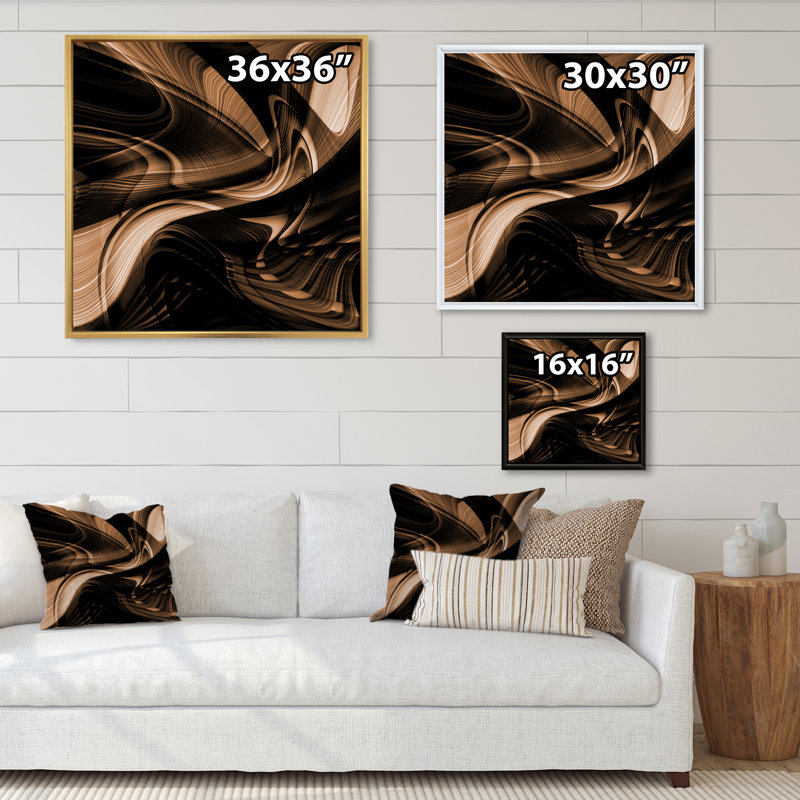 Art abstrait abstrait vague brune - art mural moderne sur toile, H 36 po x l 36 po x P 1,5 po, Cadre flottant doré