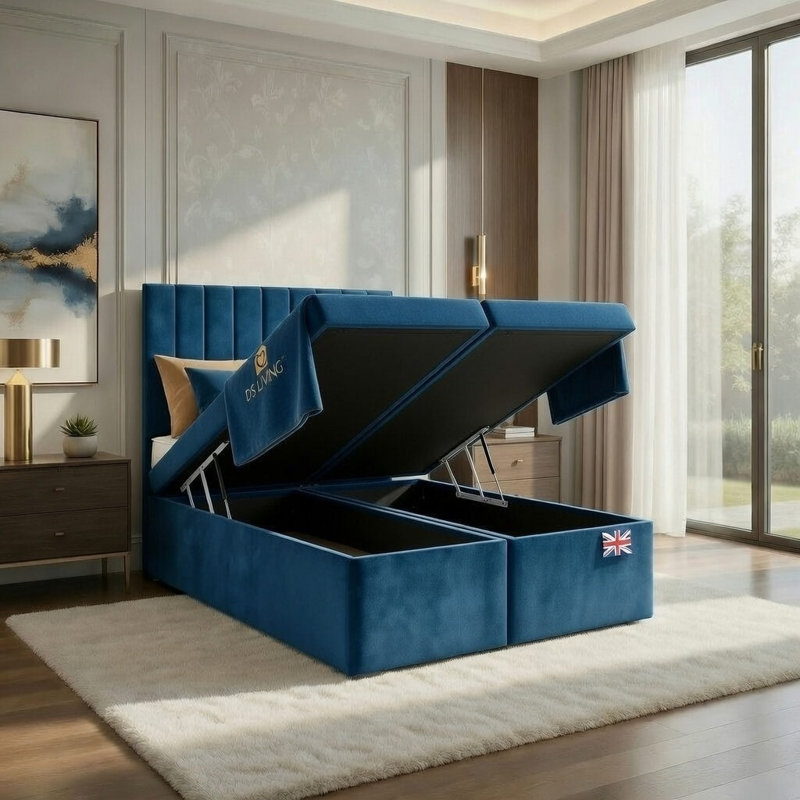 Upholstered Ottoman Bed, Blue, Double
