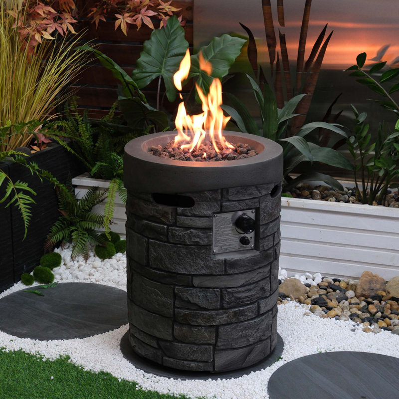 Outdoor Gas Fire Pit 32000 Btu 20" Round With Lava Stones, Rain Cover, Magnesium Oxide Stone Finish