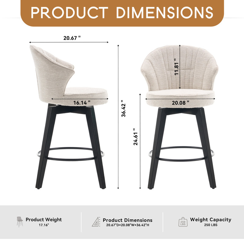 Counter Height Bar Stools 25 Inch,Swivel Bar Stools With Solid Wood Legs & Chenille Upholstery Set Of 2, White