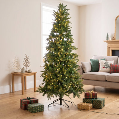 8.5ft Pre-lit Pencil Christmas Tree with Warm Lights– Slim Design, 800 Tips, PE & PVC, Metal Stand