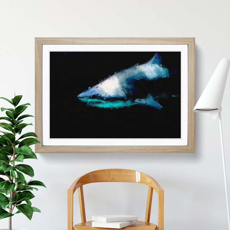 Shark in the Shadows - Picture Frame Graphic Art Print, Oak, 50cm H x 76cm W x 2cm D