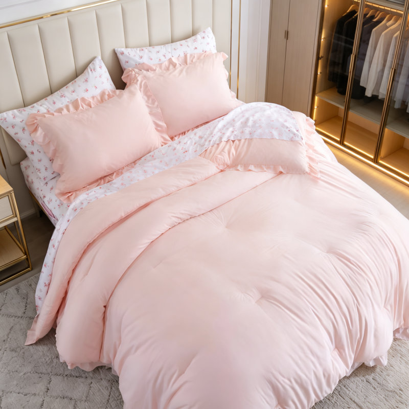 Ensemble de couette à volants Queen avec draps fleuris 7 pièces rose