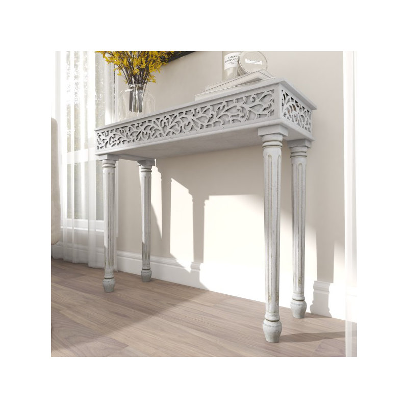 Wood Intricately Carved Scroll Console Table, Dark Grey