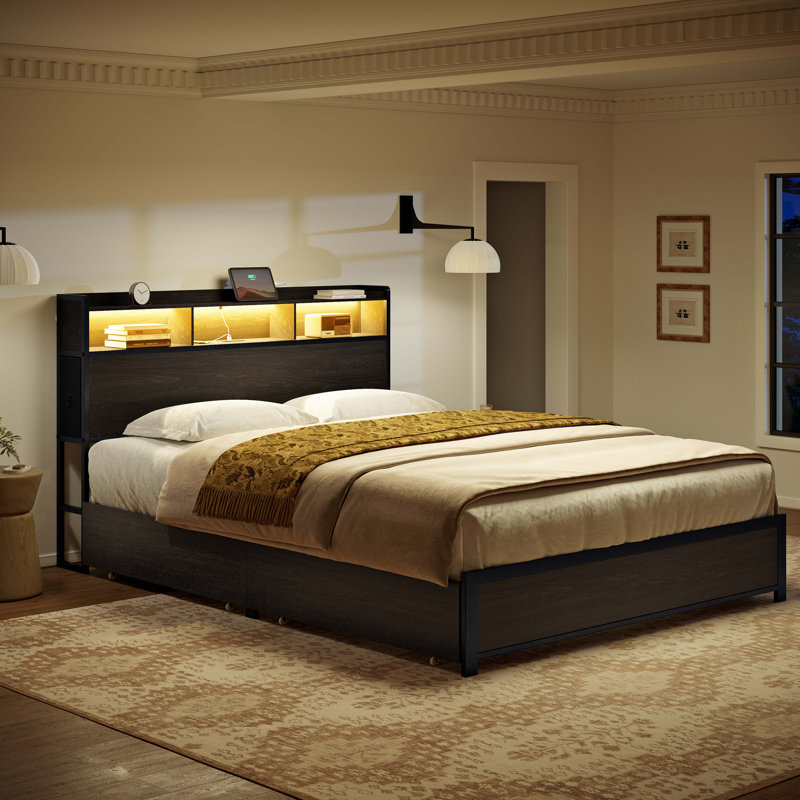 Lit double Livia avec 2 tiroirs sous le lit, lit plateforme moderne avec station de recharge et éclairage DEL, tête de lit avec rangement, 2 tiroirs de chevet et étagères ouvertes, noir