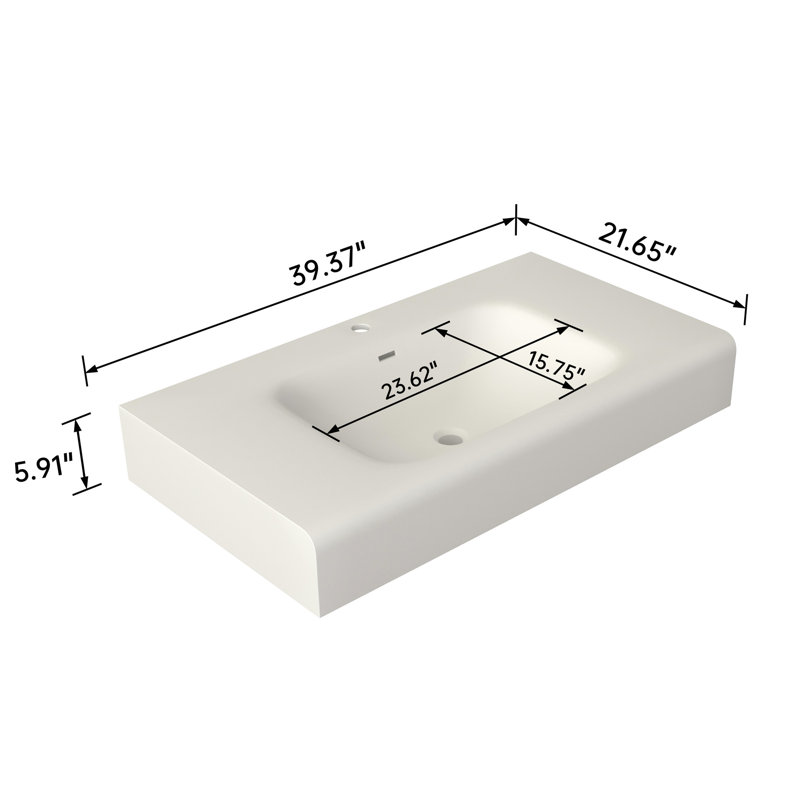 Résine en pierre à surface solide pour lavabo de salle de bain - blanc mat, 57,65 lb, 38,56 po de profondeur, 22,01 largeur, 7,12 de hauteur, intégration parfaite, conception décolorée, mur ou comptoir