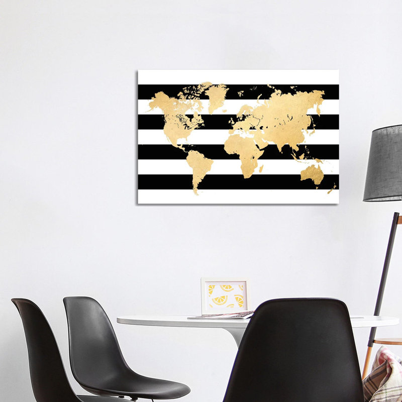 Gold And Black And White Stripes World Map 1 Piece Wall Art on Canvas, 101.6 cm H x 66.04 cm W x 1.91 cm D, Wrapped Canvas