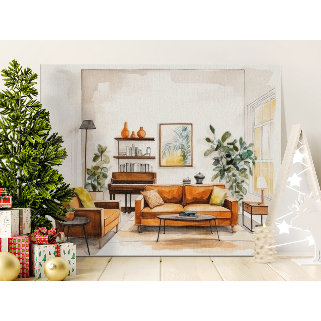 Cozy Mid-Century Modern Living Room Canvas Art | Boho Interior Decor Print for Stylish Homes | Housewarming Gift Idea Wall Art