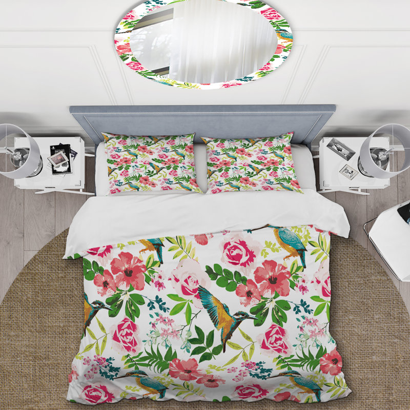 Fleurs roses et feuille verte - ensemble de housse de couette floral - microfibre de polyester