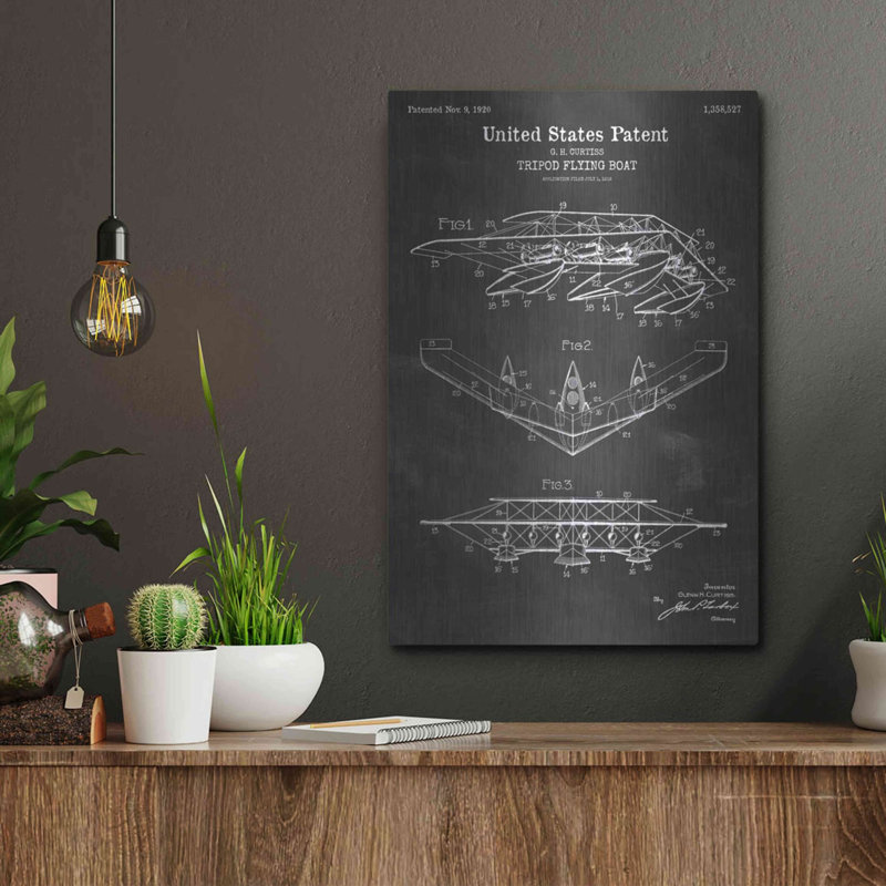 «Tripod Flying Boat Blueprint Vernis Chalkboard», art mural en métal, H 16 po x l 12 po