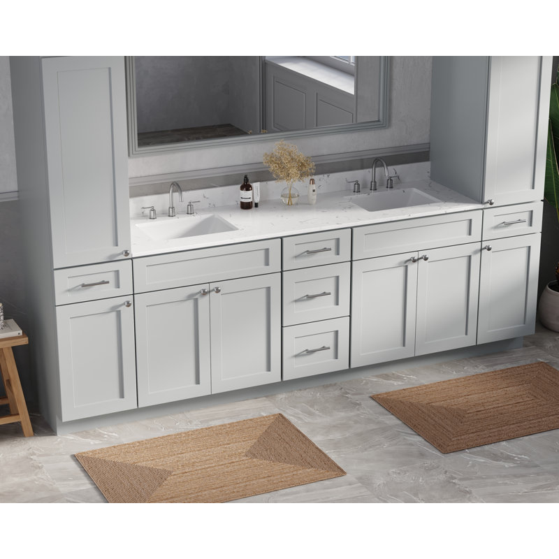 Meuble-lavabo double autoportant de 105 po avec deux armoires à linge hautes, comptoir en quartz de Carrare, 5 tiroirs, Gris