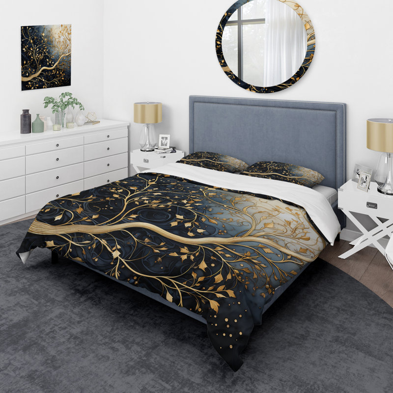 Ensemble de housse de couette Golden Branch Tree Luminous Tangle I - Tree, Housse de couette pour grand lit et 2 taies décor