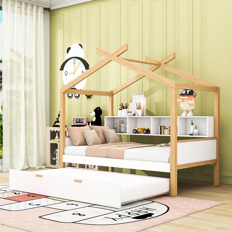 Lit simple en bois avec lit gigogne et bibliothèque