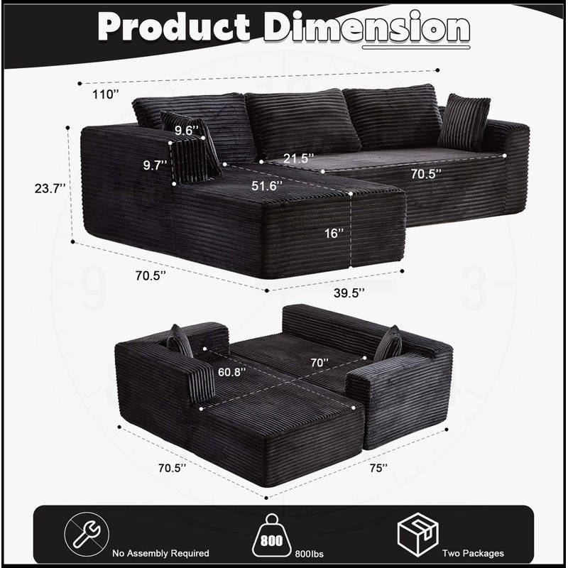 Canapé modulaire à compression avec méridienne confortable, canapé en L désossé pour le salon et la chambre à coucher, conception modulaire minimaliste, assise profonde, velours côtelé noir