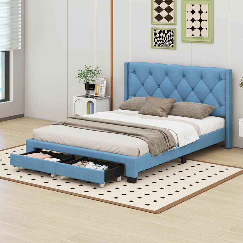 Lit plateforme tapissier Blasford, Bleu