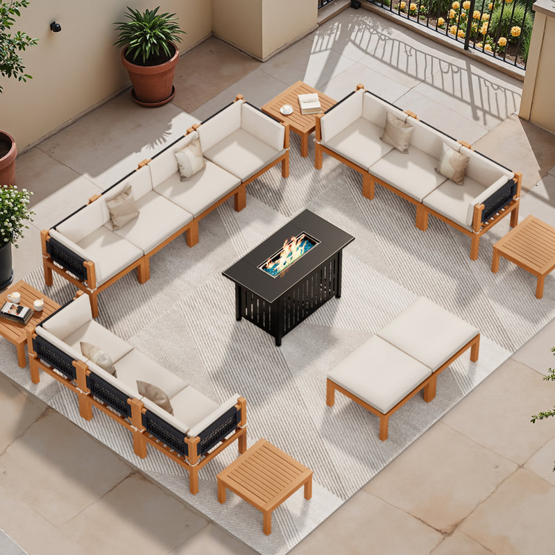 Patio Furniture outdoor acacia wood patio conversation sofa set with table, cushion, stove, porch furniture for deck, balcony, backyard