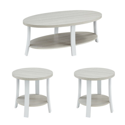 White Oval Wood Shelf Coffee Table - 3 Pieces For Modern Living Room , 3 With Two End Tables, White, And Fashionable Space