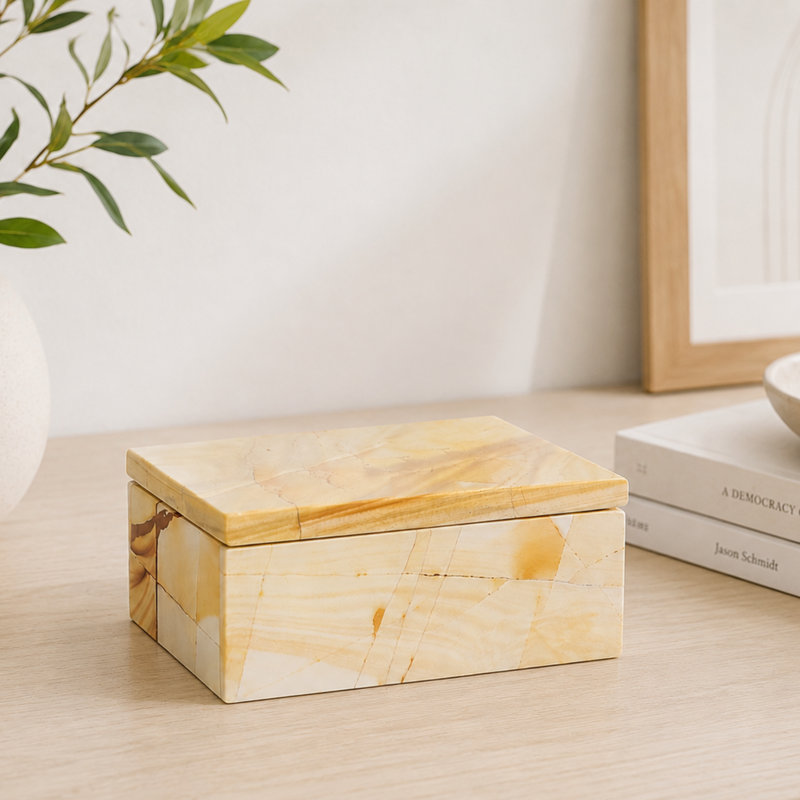 Natural Teak Marble Storage Box, 2x5 Rectangle Lidded Container, Veined Stone Vanity Trinket Dish