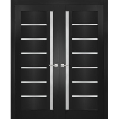 Portes doubles françaises massives Quadro 4088 Noir mat avec vitrage dépoli, cadre en bois massif, portes robustes pour placard ou chambre - 36 x 80 (2 x 18 x 80)