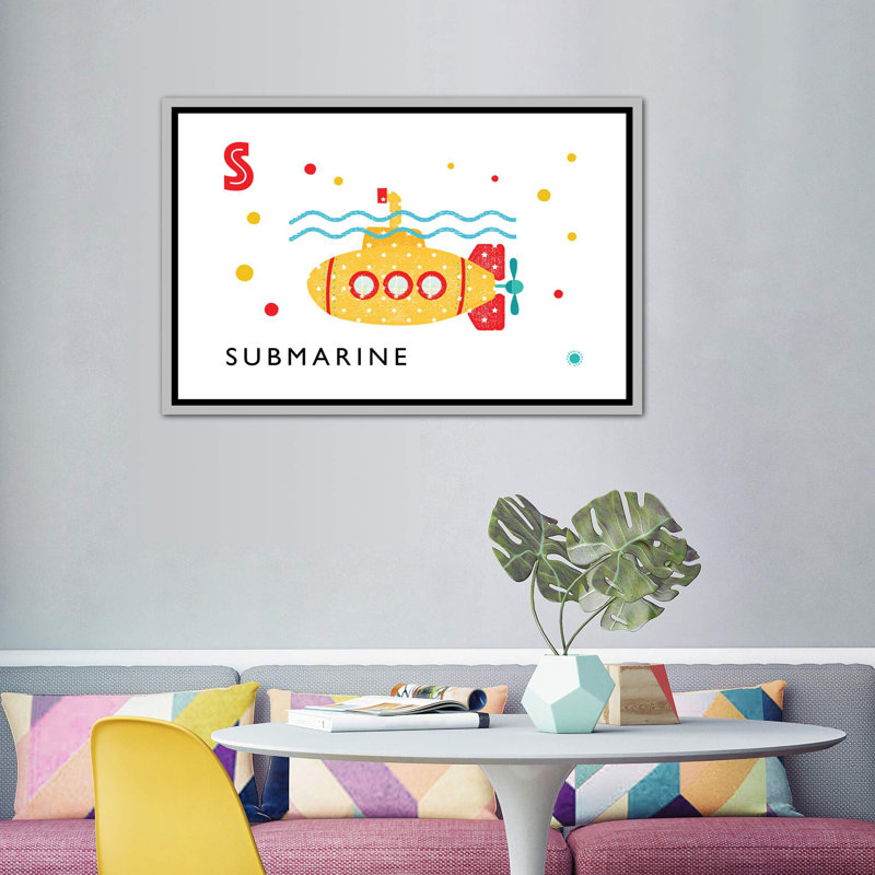 S Is For Submarine - Imprimé, Pas de tapis, H 40 po x l 60 po x 1,5 po, Toile avec cadre argenté