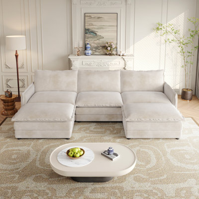 Canapé en tissu velours 3 places en velours côtelé confortable avec repose-pieds mobile pour le salon, ensemble de canapé en U surdimensionné à assise profonde, canapé rembourré à assise profonde de grande taille avec 3 coussins