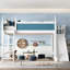 Grand lit mezzanine de couleur bleue et blanche, tablettes de rangement, glissade amovible, bois de pin, sans sommier, jeu ludique et peu encombrant-251890184-251890185