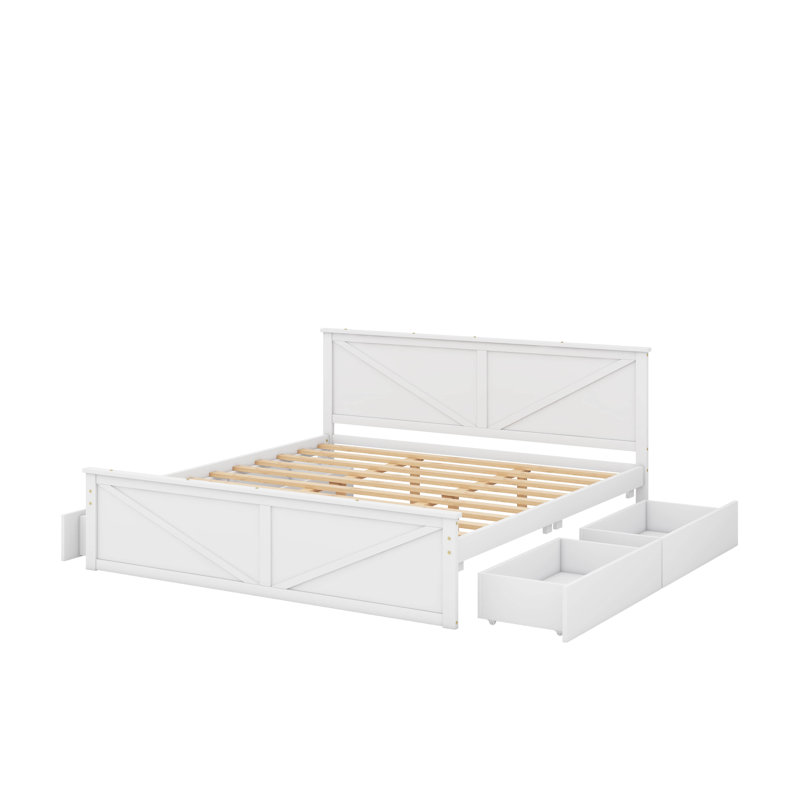 Lit plateforme en bois avec tiroirs, Blanc, Très grand lit