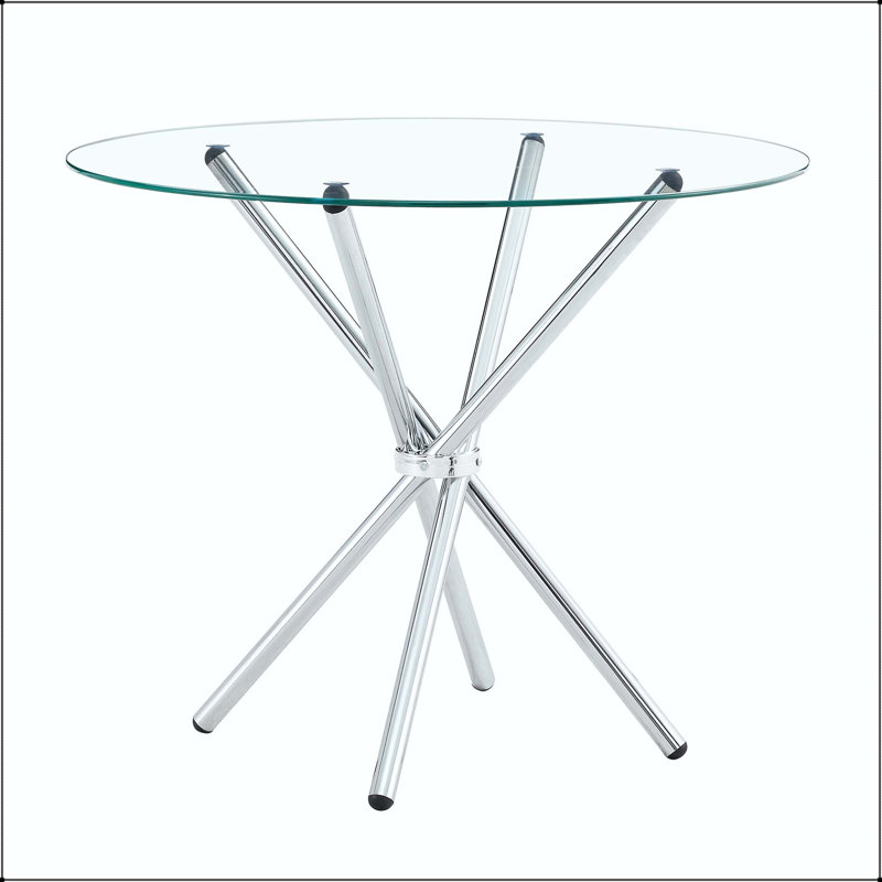 Table de salle à manger ronde en verre avec pieds argentés en forme d'anneau, Transparent / Silver