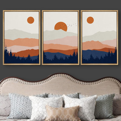 " Mid-Century Pastel Sunset Forest Abstract Nature Modern Art Decor Panorama Multicolor " 3 - Pieces