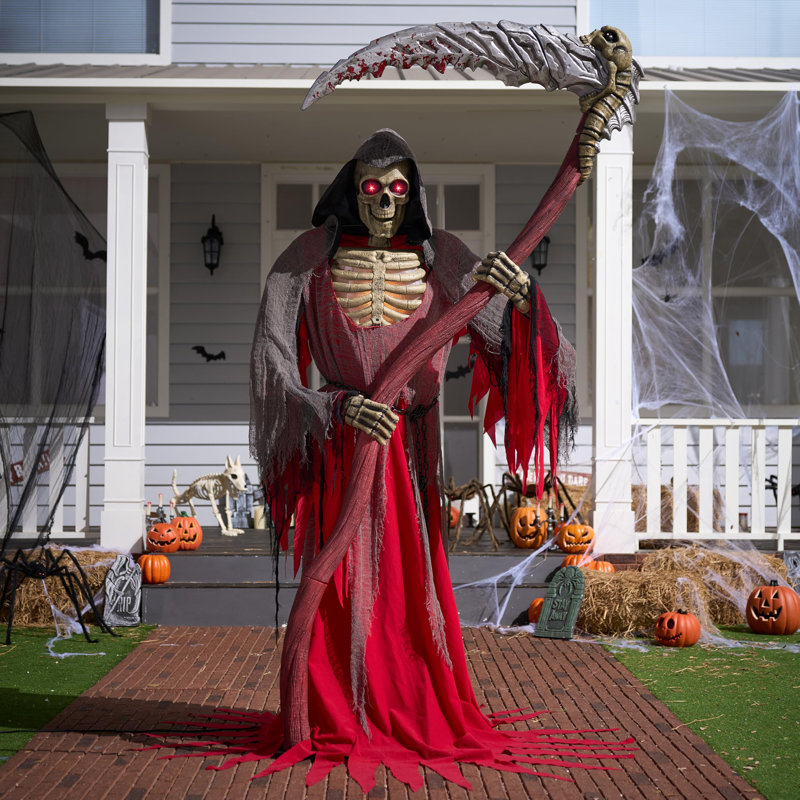 Faucheuse debout animée d'Halloween de 7 pi tenant une faux géante avec lumière et capteur infrarouge