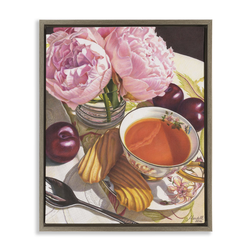 Tea with Peonies & Plums Framed Floater Canvas Wall Art by Mardell Schuster, Montalcino Elm Floater Frame, 21" H x 17" W