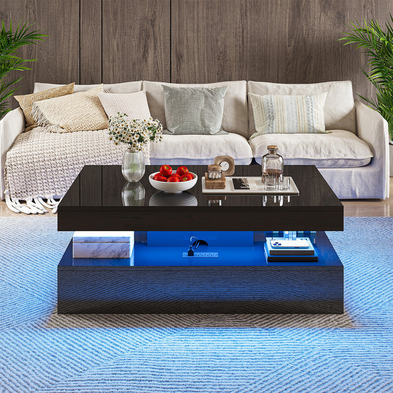 Table basse à DEL brillante de 39 po avec 2 tiroirs coulissants, tables centrales modernes à double couche avec lumières DEL, station de charge