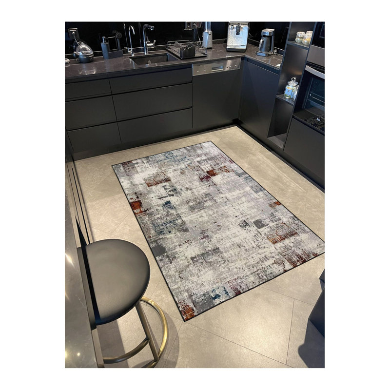 Tapis tissé à motif lavable traditionnel gris, Sous-tapis carré 3 pi 3 po inclus