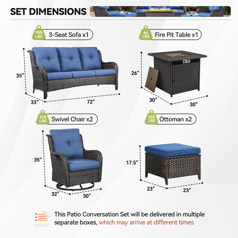 Wendye 6-Piece Outdoor Furniture Sofa Set With 2 Swivel Chairs, 2 Ottomans & 55K BTU Fire Pit Table, Brown, Blue