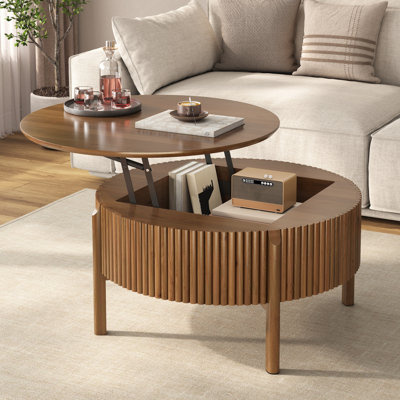 Table basse ronde à plateau relevable avec rangement caché, table de cocktail circulaire cannelée en bois massif, table de centre de ferme moderne en bois pour le salon, noyer