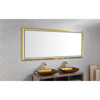 Miroir à brouillard doré en aluminium doré pour salle de bain - 96 po L 48 po H, lumen élevé, réglable avec et intensité variable dorée, aluminium, lumen