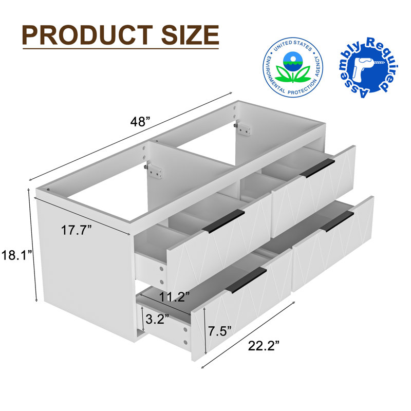 Base de meuble-lavabo à double cuve 48 po seulement, robinet et miroir non inclus, Blanc
