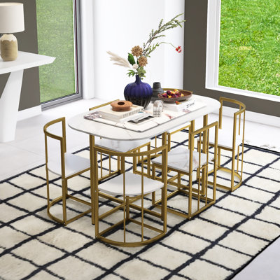 Hofer 55Inch Modern Compact 7-Piece Dining Table Set With Faux Marble Kitchen Table Set