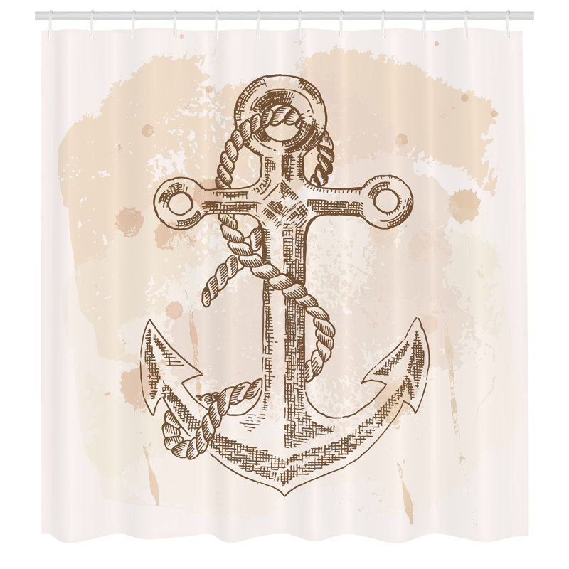 Nautical Anchor Cream and Brown Fabric Shower Curtain with Hooks