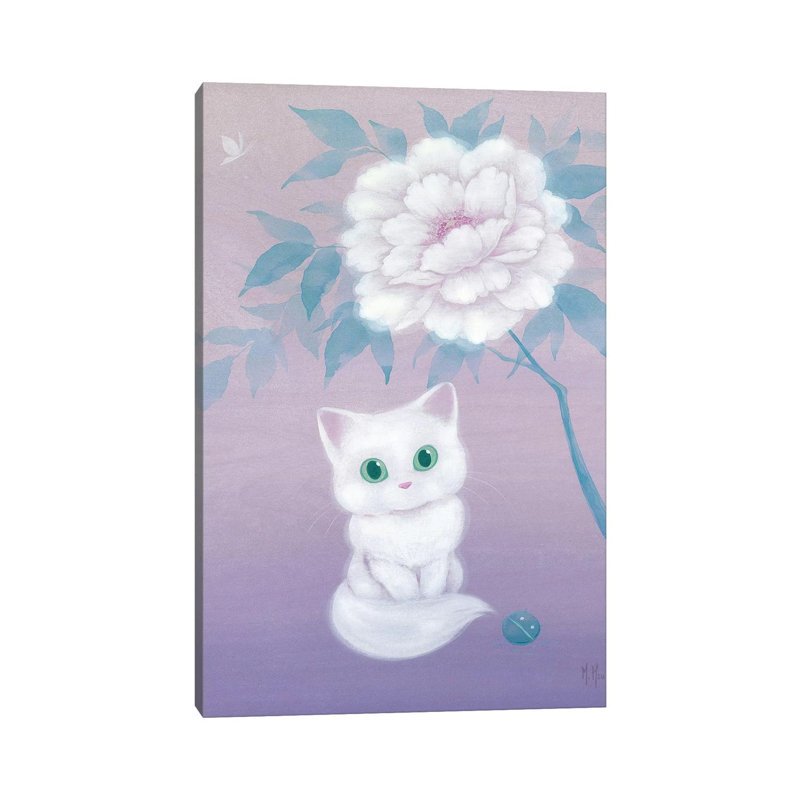 White Cat And Peony by Martin Hsu - Print on Canvas, 66.04 cm H x 45.72 cm W x 1.91 cm D, Wrapped Canvas